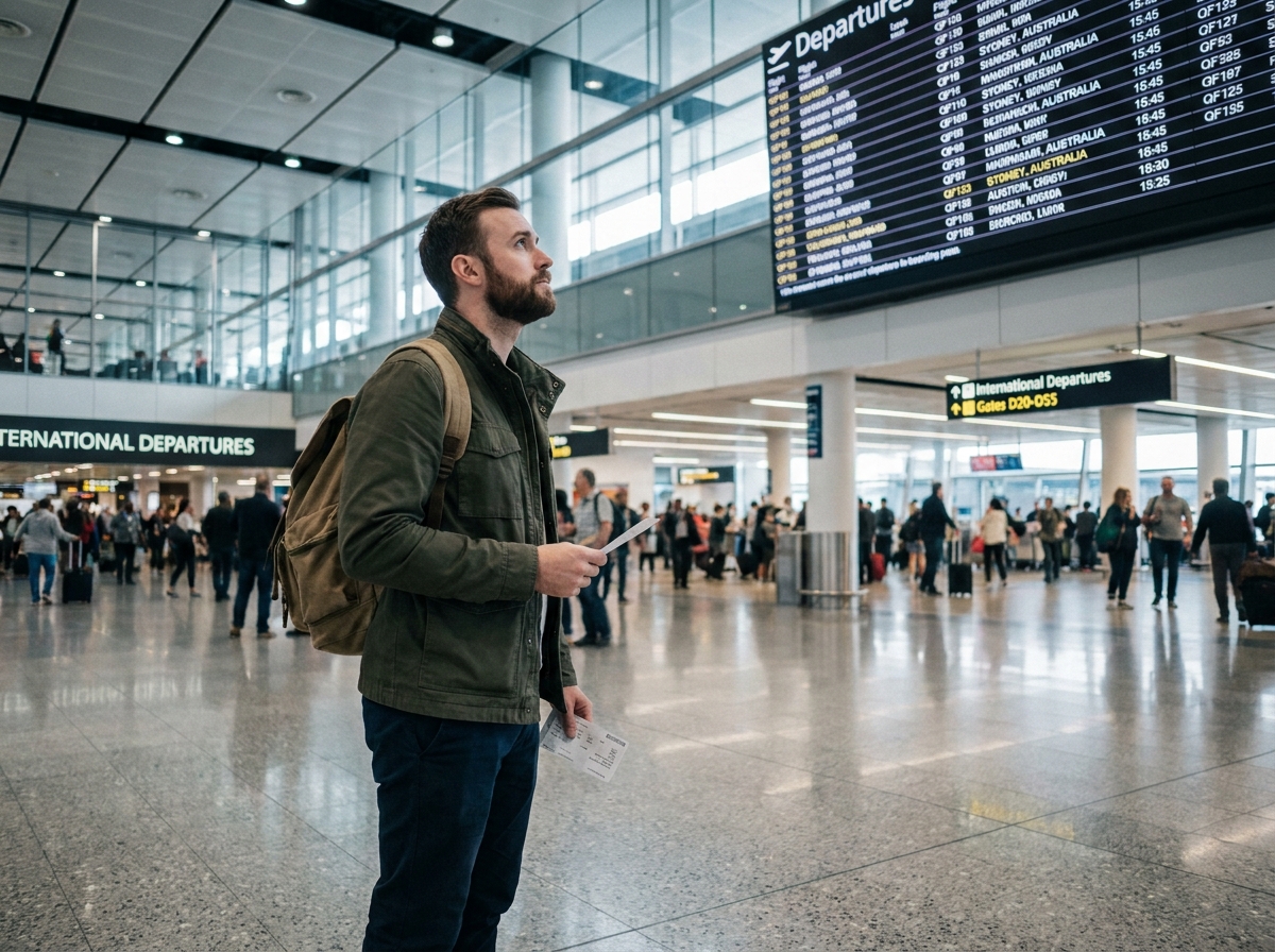 Voyageur en partance pour l'Australie dans un terminal d'aéroport international avec carte d'embarquement en main
