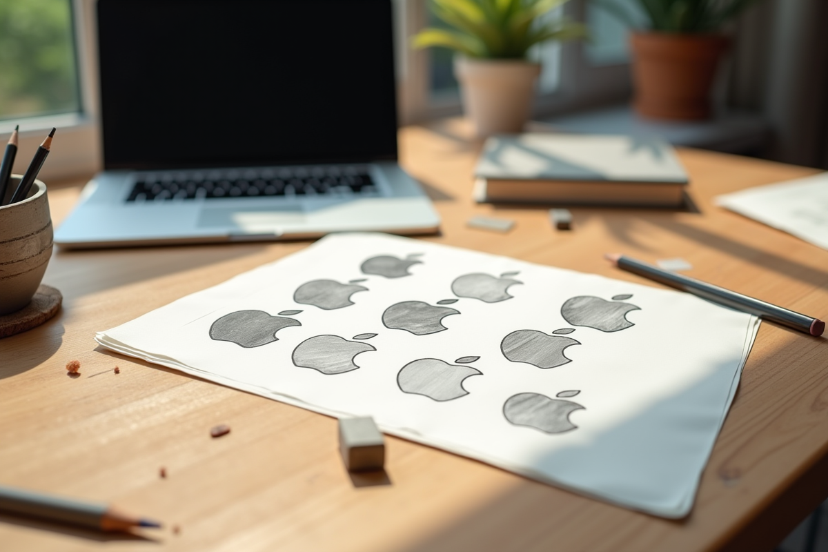 Bureau d'artiste avec croquis de logos Apple anciens