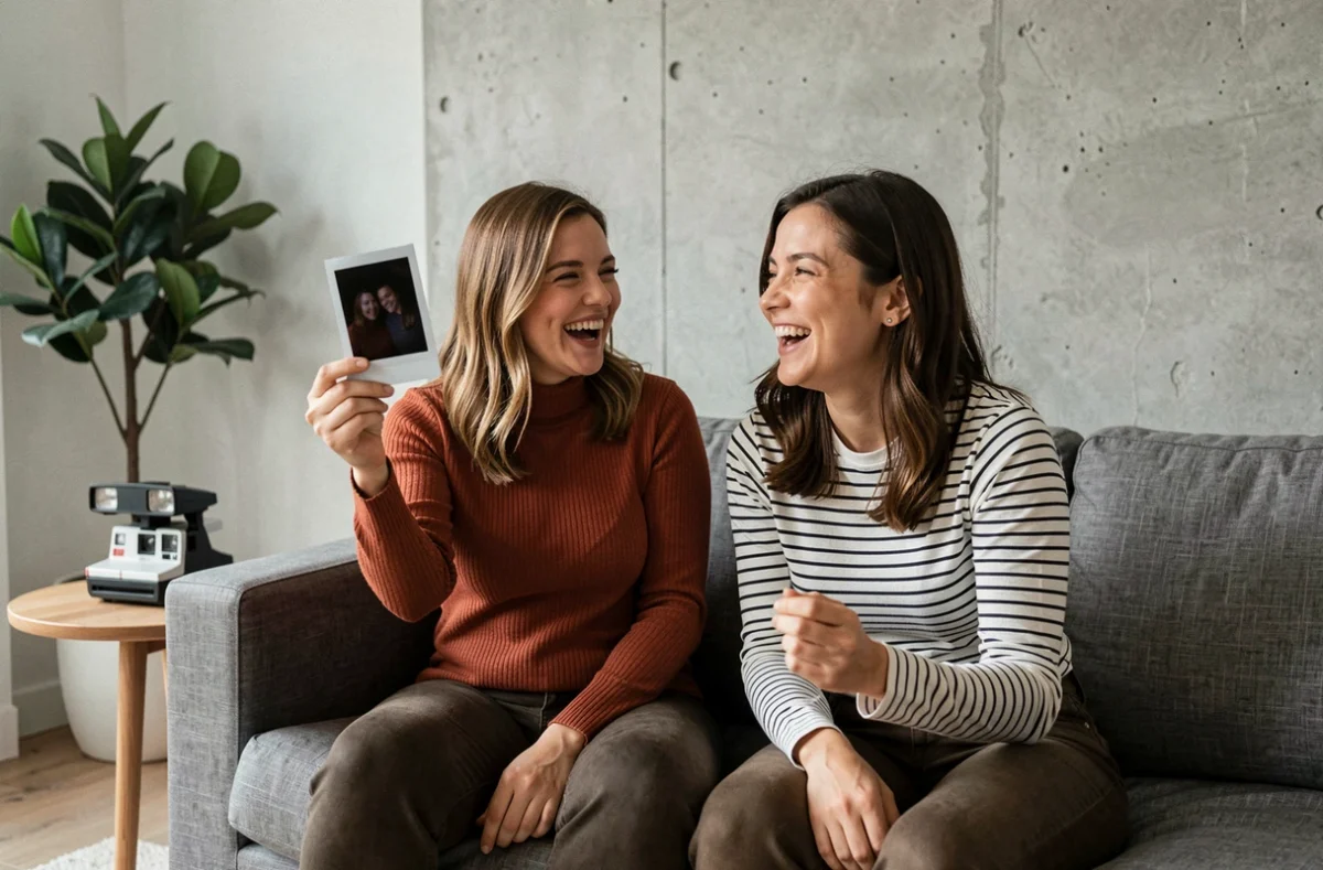 Deux femmes riant devant une photo Polaroid trop sombre prise en intérieur dans un appartement minimaliste