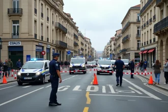 Policiers gérant une déviation de circulation à une intersection de Toulouse après un accident mortel, cônes orange et ruban de sécurité visibles