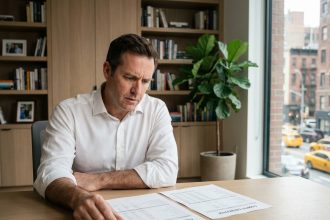 Dirigeant d'entreprise analysant séparément ses finances personnelles et professionnelles à son bureau