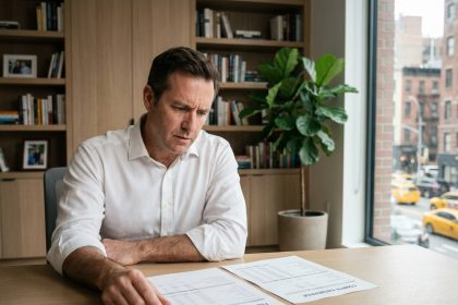 Dirigeant d'entreprise analysant séparément ses finances personnelles et professionnelles à son bureau