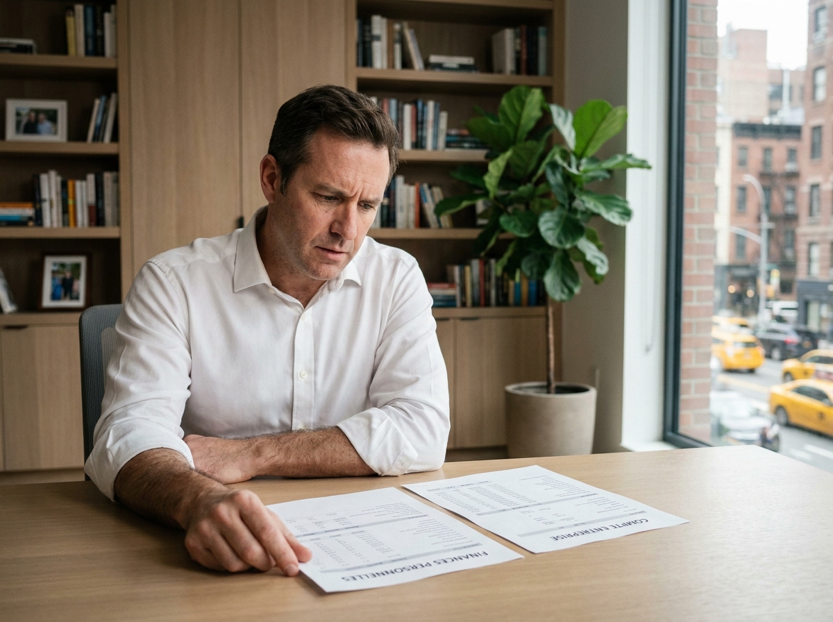 Dirigeant d'entreprise analysant séparément ses finances personnelles et professionnelles à son bureau