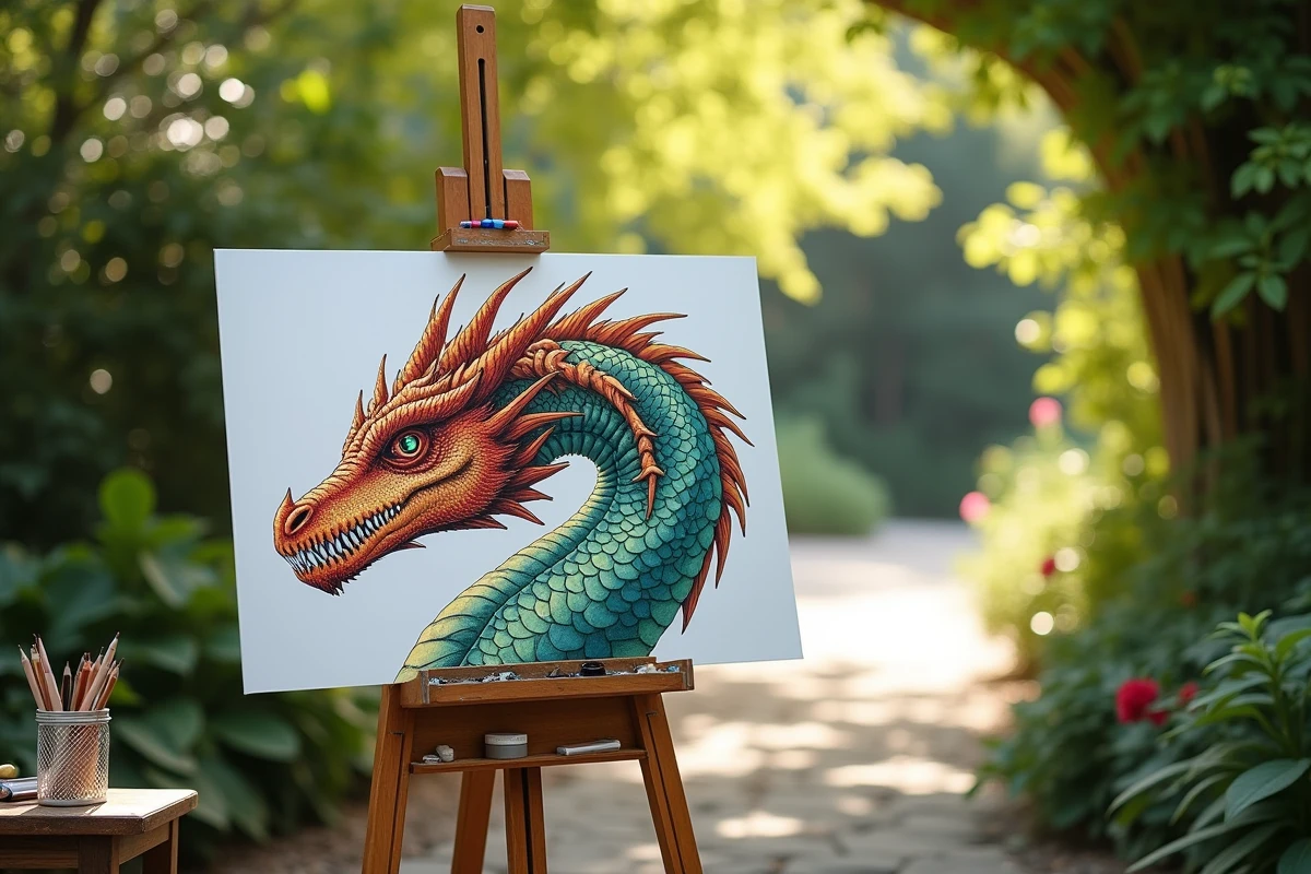 Dragon coloriee sur easel dans un jardin paisible