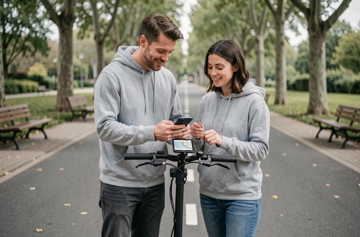 Deux adultes débutants consultant une application sur une trottinette électrique dans un parc urbain avant leur premier trajet