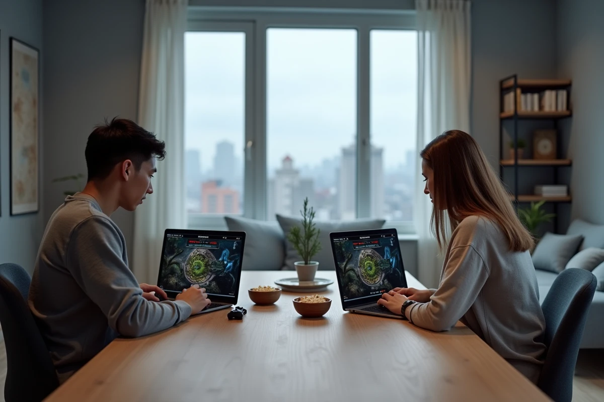 Deux joueurs collaborant pour optimiser le farm de dimensions Dofus en suivant les portails sur leurs ordinateurs portables