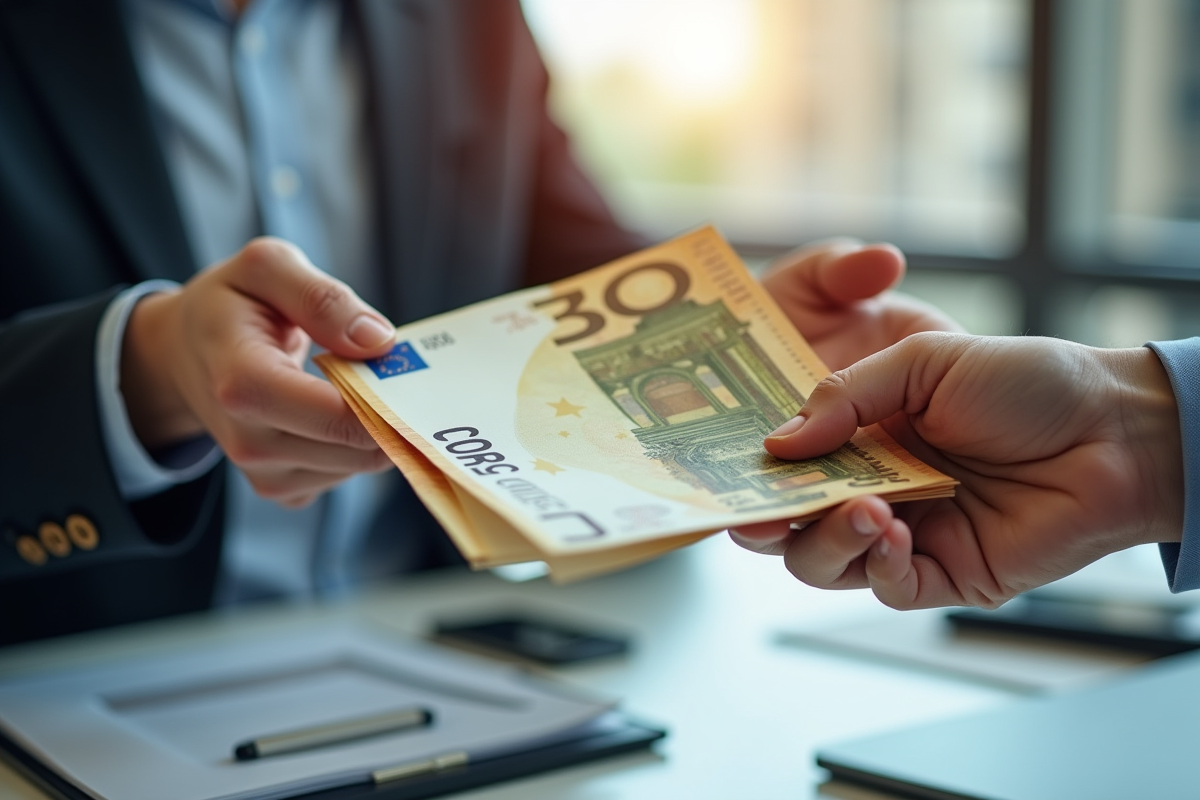 Main échangeant des billets d euros avec un bulletin de salaire en arrière-plan