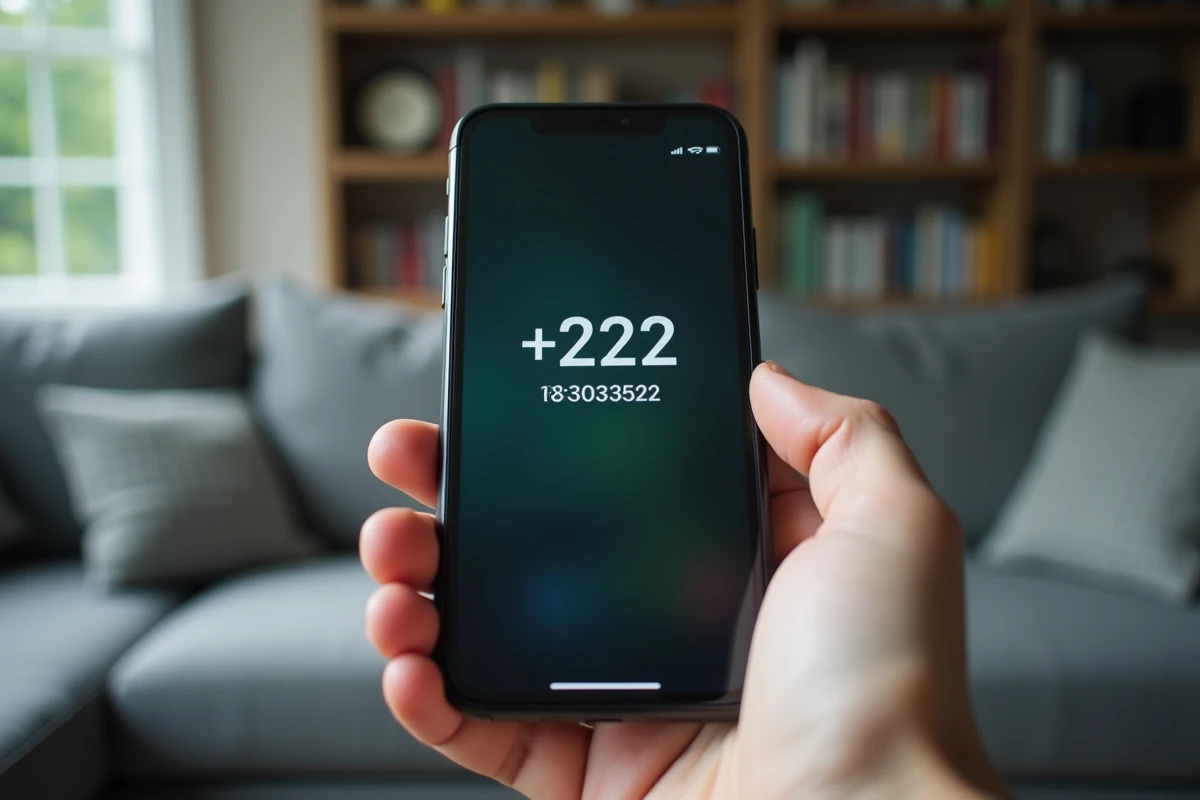 Gros plan d'un écran de smartphone affichant un appel entrant avec le code pays +212 tenu dans une main