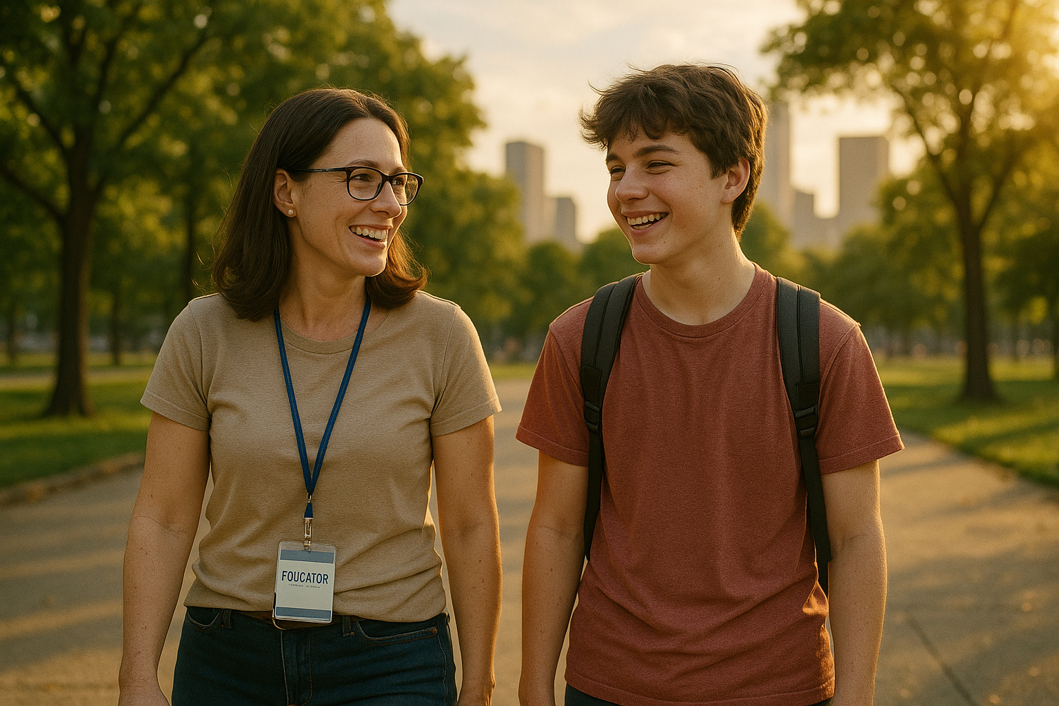 Éducateur et adolescent souriants dans un parc urbain en fin de journée