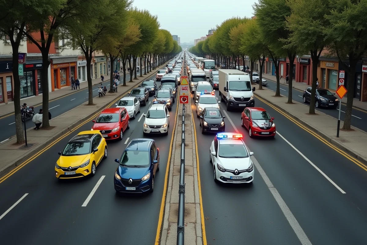 Embouteillage sur une route de banlieue toulousaine avec longue file de voitures bloquées suite à une déviation liée à un accident