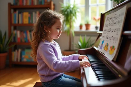 Jeune fille apprenant le si bémol au piano sur une partition colorée pour enfants