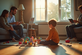 Jeune garçon seul sur le sol avec jouets et écrans en arrière-plan