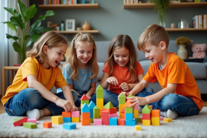 Enfants jouant avec de la pâte à modeler dans un salon chaleureux