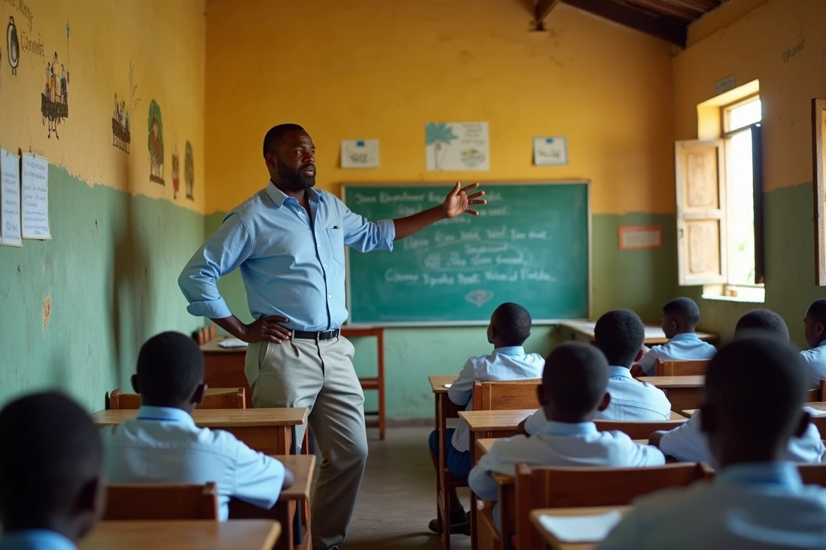 Enseignant comorien animant un cours dans une salle de classe rénovée à Mohéli aux Comores