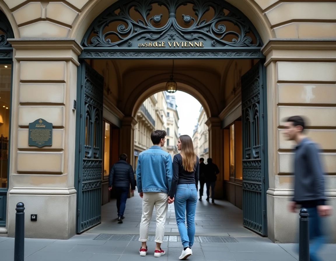 Couple de touristes à l'entrée du Passage Vivienne côté rue de la Banque, Paris