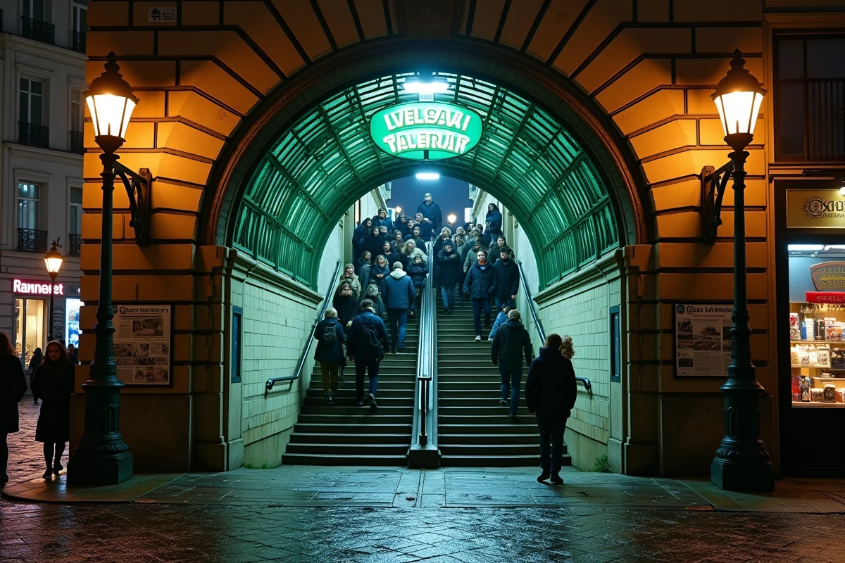 Entrée d'une station de métro parisien la nuit avec l'arche Art Nouveau verte et des voyageurs