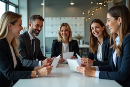 Groupe de collègues souriants échangeant des cartes de voeux