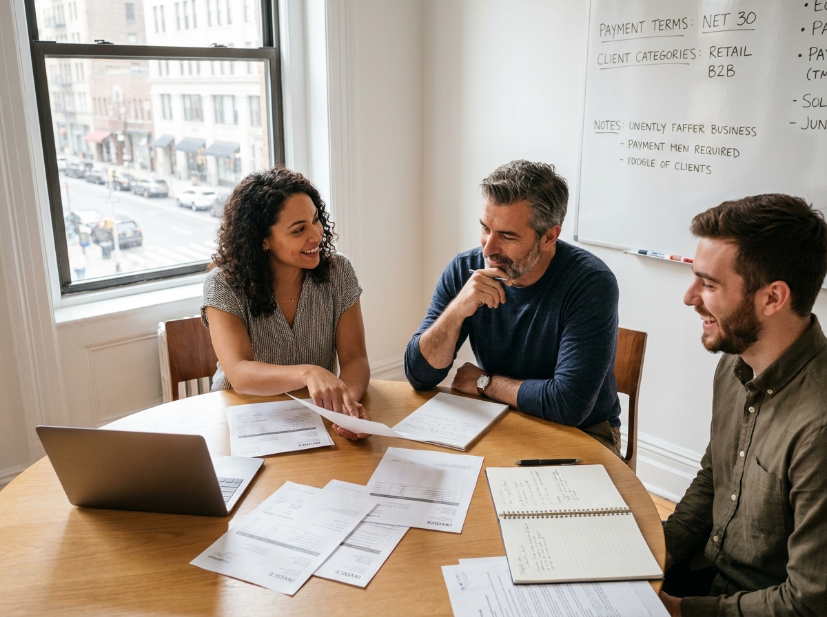 Une équipe commerciale discute des délais de paiement adaptés à chaque profil client autour d'une table de réunion