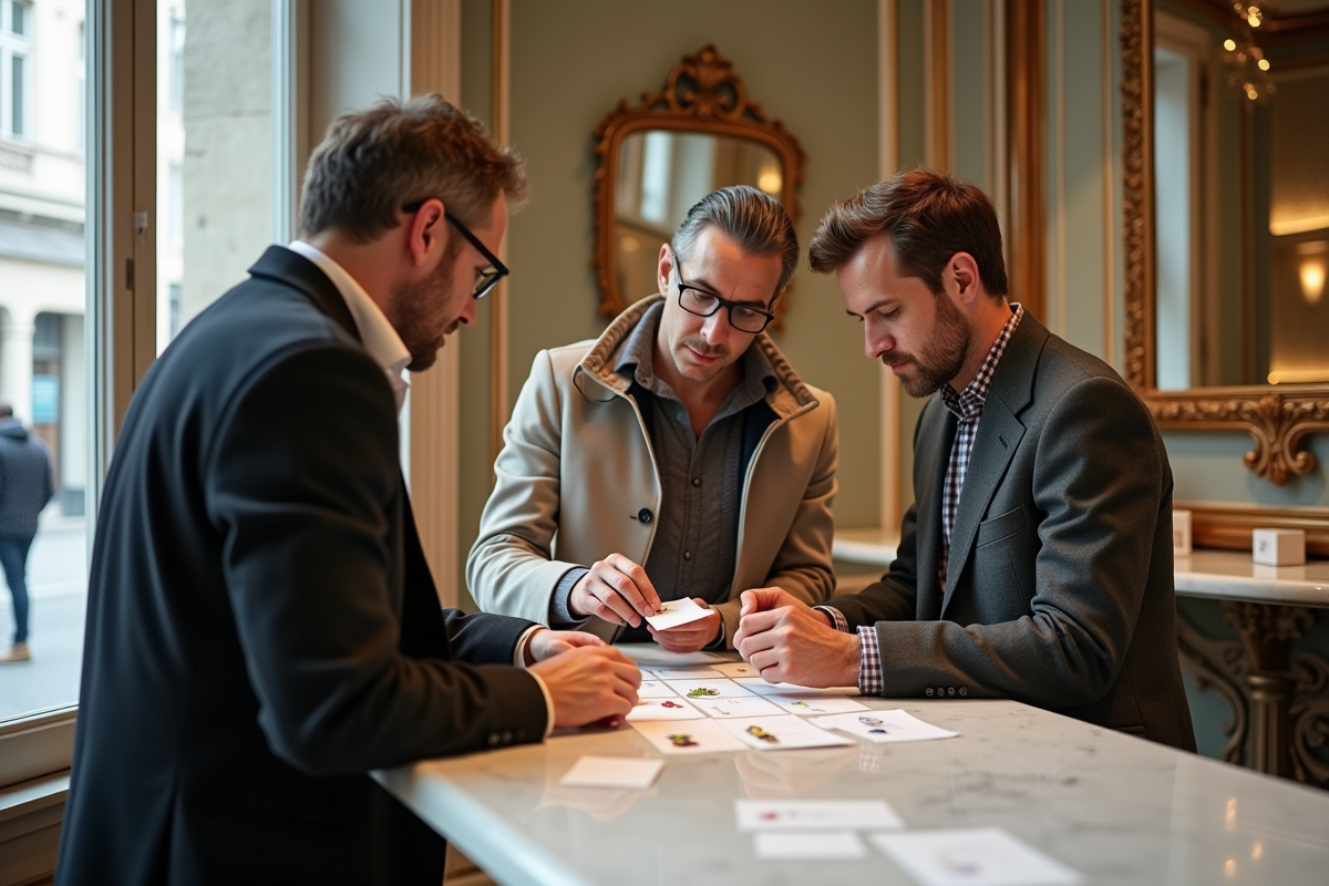 Groupe de trois personnes évaluant des échantillons de parfum