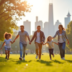 Famille multiculturelle jouant dans un parc ensoleille