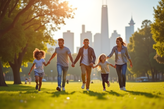 Famille multiculturelle jouant dans un parc ensoleille