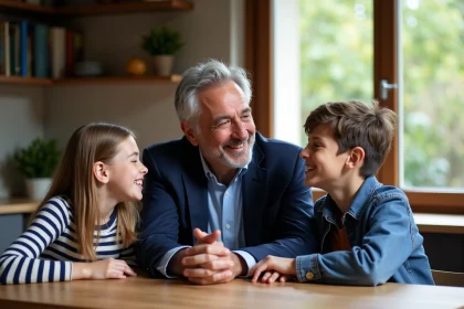 Journaliste français avec enfants dans une cuisine chaleureuse