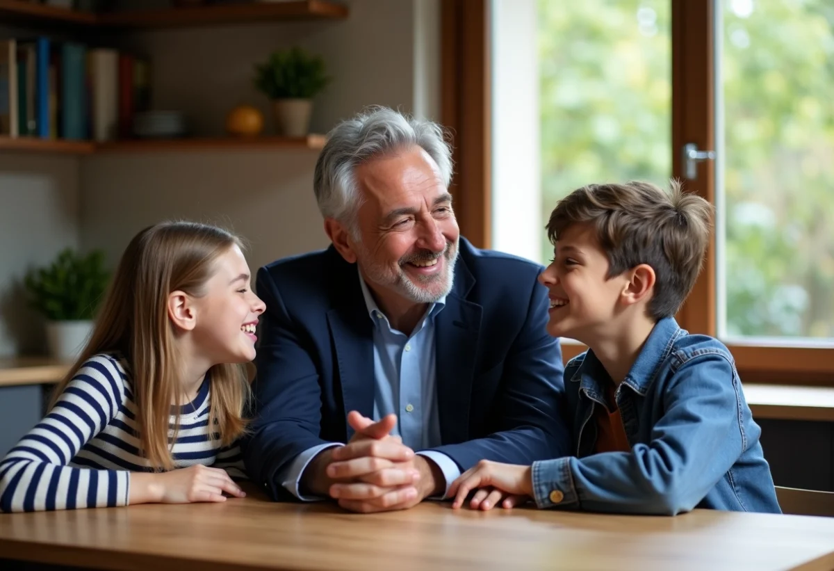 Journaliste français avec enfants dans une cuisine chaleureuse