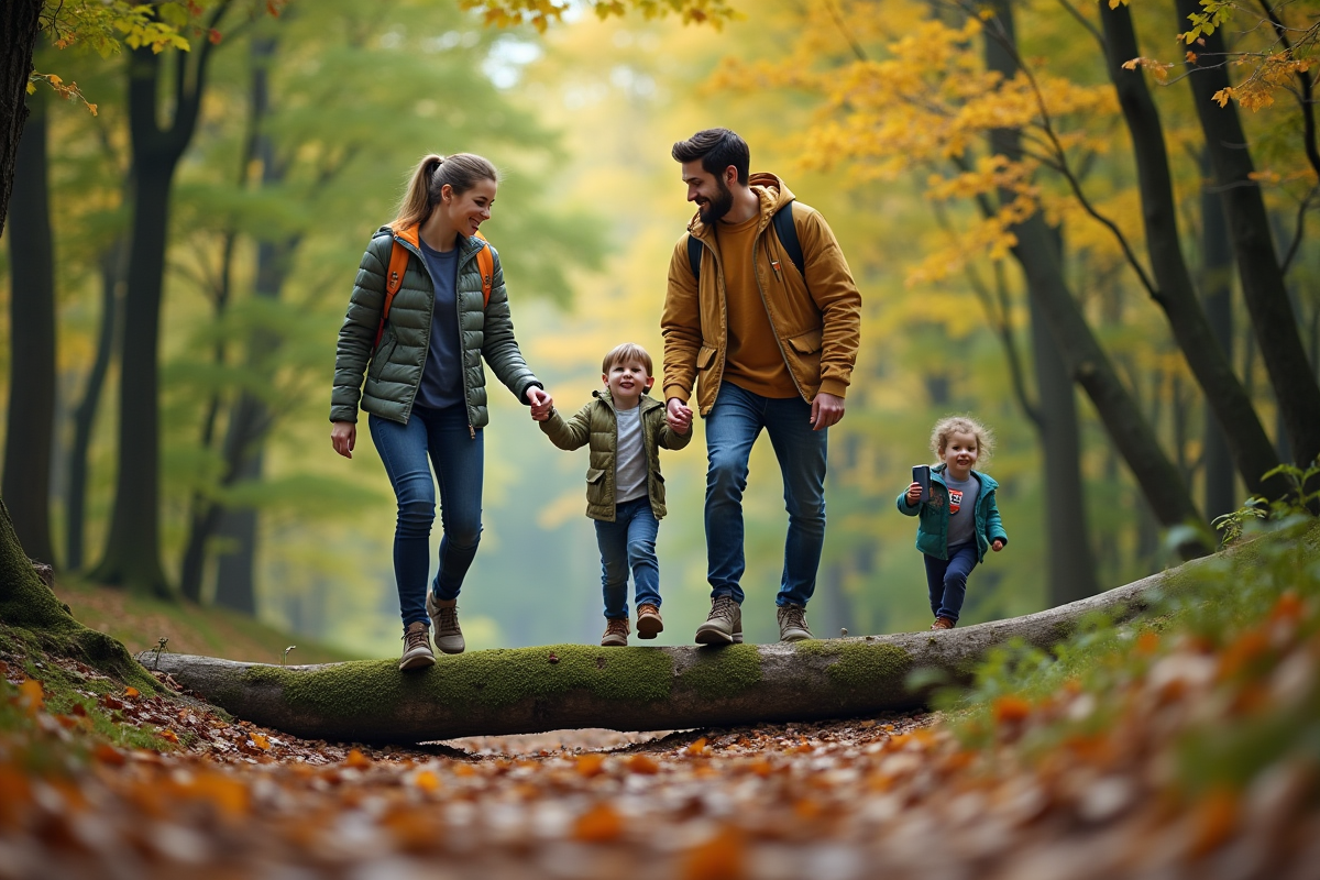 Famille en randonnée dans la forêt en pleine nature