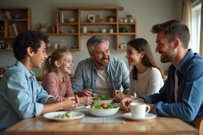 Famille réunie autour d'un repas convivial à la maison