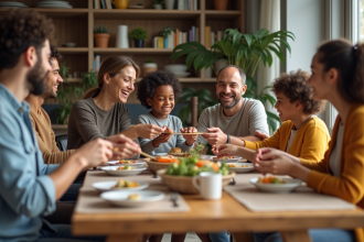 Famille recomposée partageant un repas convivial à la maison