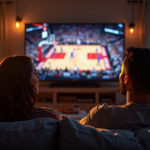 Groupe de fans de basketball regardant un match dans un salon lumineux