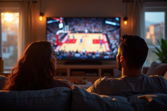 Groupe de fans de basketball regardant un match dans un salon lumineux