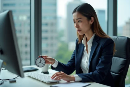 Jeune femme d'affaires vérifiant deux horloges sur son écran