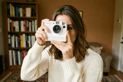 Femme tenant un appareil photo Polaroid instantané dans un salon cosy, illustrant la prise de vue en intérieur