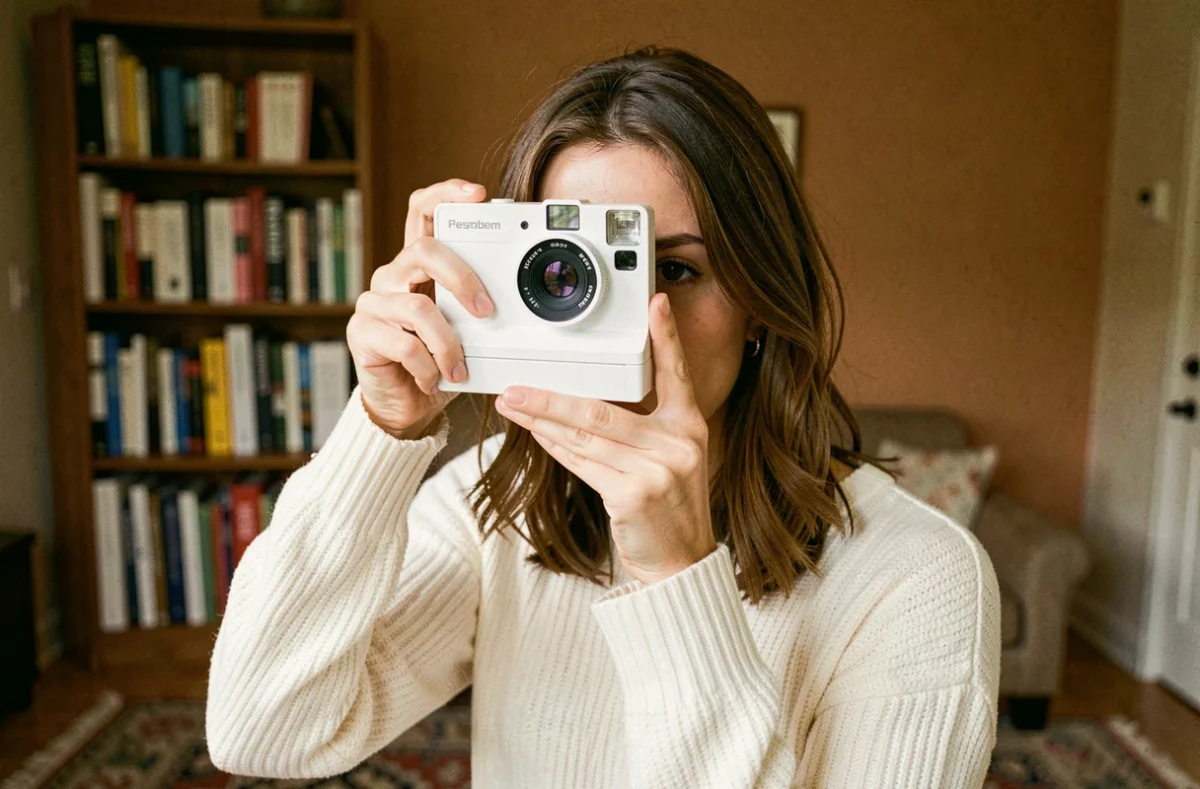 Femme tenant un appareil photo Polaroid instantané dans un salon cosy, illustrant la prise de vue en intérieur