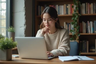 Femme détendue travaillant sur son ordinateur dans un bureau moderne