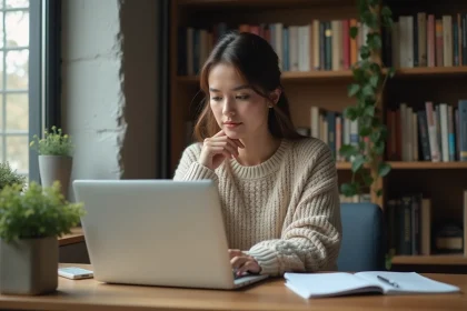 Femme détendue travaillant sur son ordinateur dans un bureau moderne