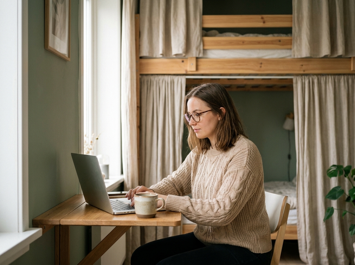 Jeune femme travaillant à un bureau escamotable mural dans une petite chambre multifonctionnelle