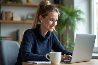 Femme assise à un bureau moderne travaillant sur un ordinateur portable