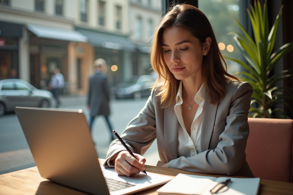Jeune femme analysant ses économies dans un café ensoleille