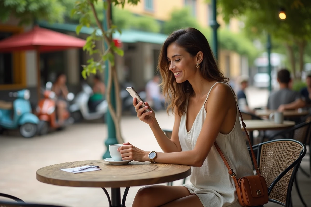 Jeune femme assise au café vérifiant son smartphone dans un plaza verdoyant
