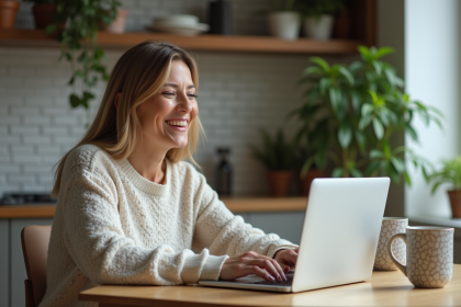 Femme d'âge moyen souriante utilisant un ordinateur portable dans la cuisine