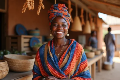 Femme comorienne en tenue traditionnelle vendant des paniers artisanaux au marché de Moroni aux Comores