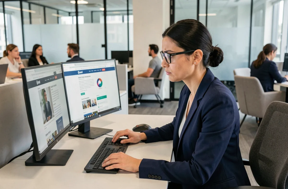 Femme professionnelle comparant deux sites web sur double écran pour identifier le vrai site Yakriv après changement de nom en 2026