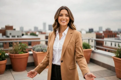 Femme confiante en blazer camel sur un toit terrasse urbain, posture assurée symbolisant l'audace et la confiance en soi