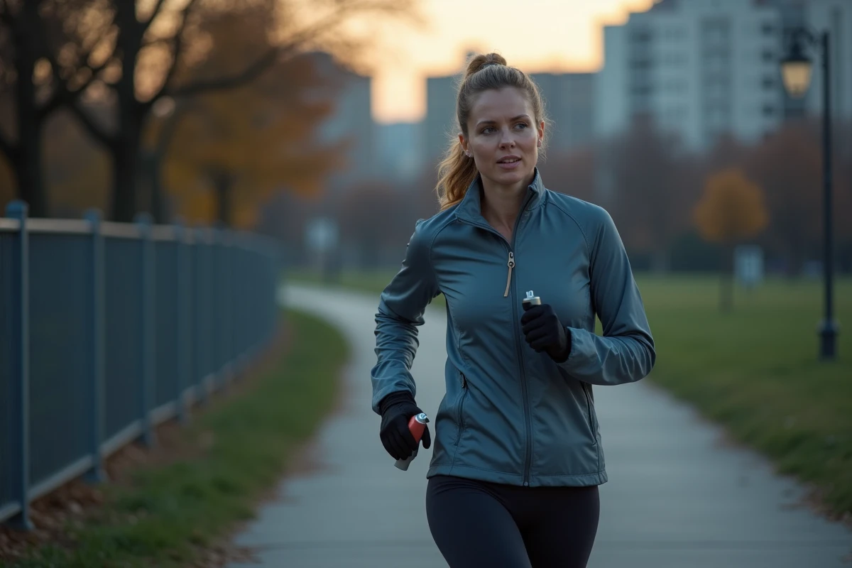 Femme en jogging avec spray de defense en main dans un parc urbain