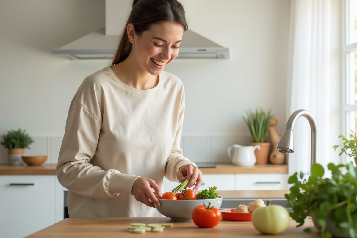 Femme souriante dans une cuisine épurée préparant des légumes