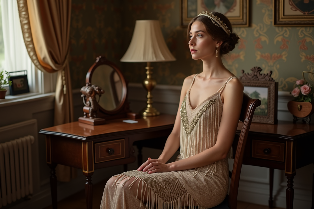 Jeune femme en robe flapper des années 20 dans une pièce élégante