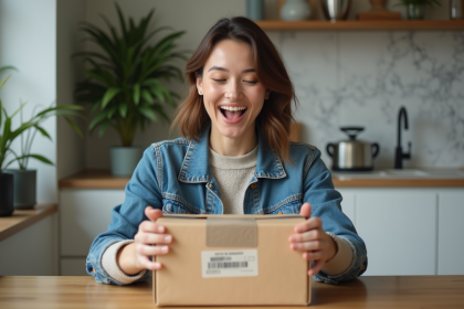 Femme souriante déballant un colis dans sa cuisine moderne