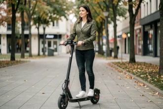 Femme adulte débutante sur une trottinette électrique dans une rue piétonne urbaine, expression confiante et détendue